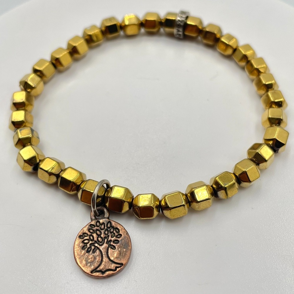 Vintage Boho Gold Tone Pyrite Hexagon Bead Stretch Bracelet Tree of Life Charm
